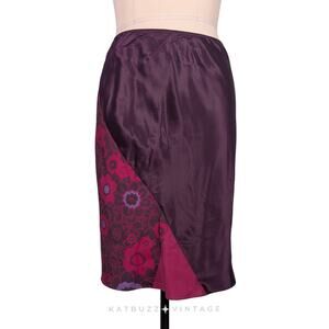 Y2K Express Silk Skirt M Purple Pink Floral Patchwork Knee Work Office Satin